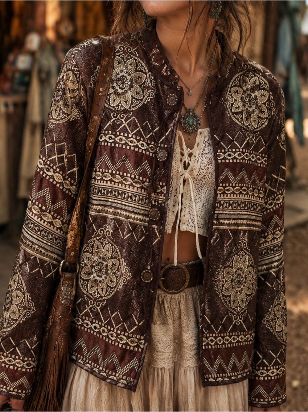 Western Boho Flashback Jacket Size Medium Brown Beaded Tapestry Blanket Coat